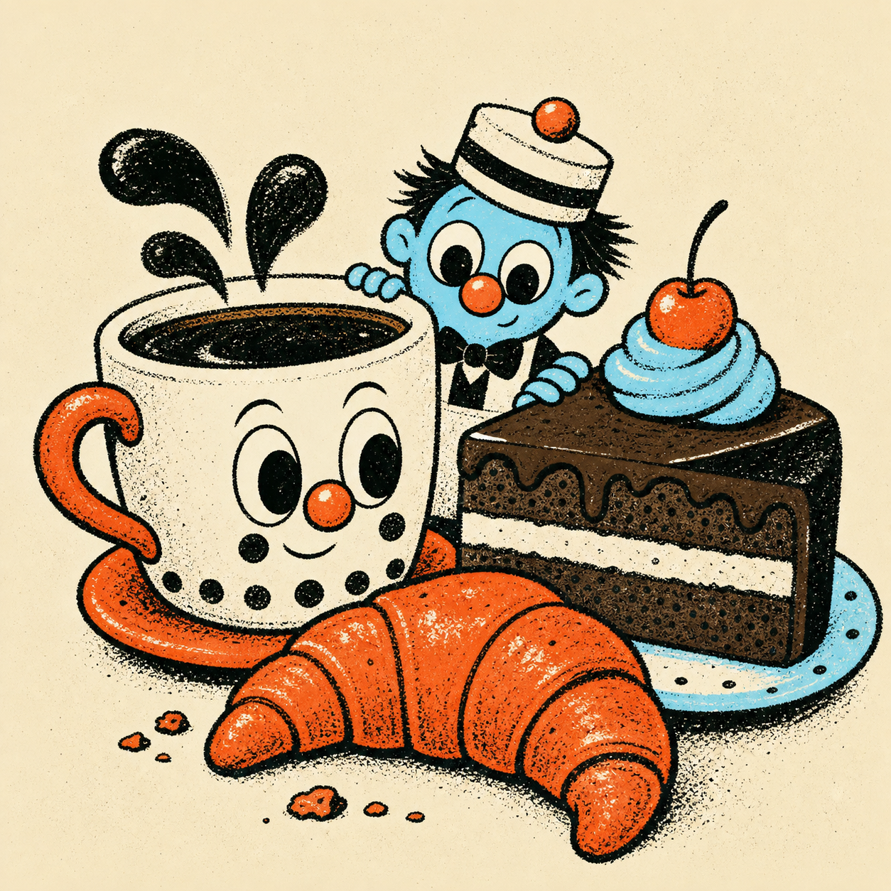 Playful illustrated coffee, croissant, cake, and tiny barista
